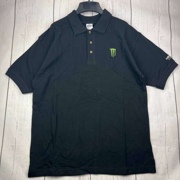 Vintage‎ Monster Energy Plain Polo Shirt Buttoned Down Black Men New